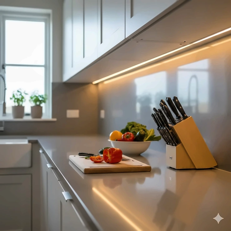 Modern kitchen featuring bright LED task lighting installed under white cabinets to illuminate grey quartz countertops. task lighting for kitchen counters
