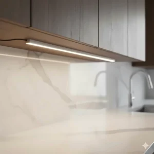 Side view of ultra-slim hardwired under cabinet LED lighting bars hidden behind a cabinet lip.