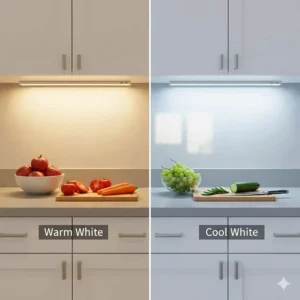 Comparison illustration showing warm versus cool color temperatures for kitchen counter task lighting.