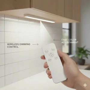 An illustration of a hand using a remote control to dim wireless under cabinet LED lighting.