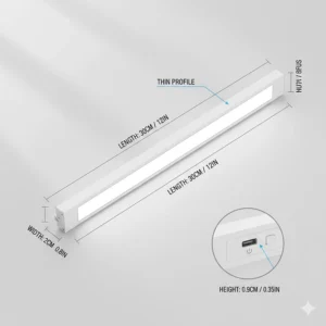 A technical drawing showing the slim profile and dimensions of a wireless under cabinet LED light.