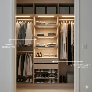 A small closet space brightly lit by battery-powered wireless under cabinet LED lights.