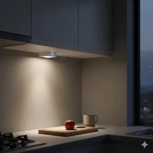 Battery-operated motion sensor light providing wire-free task lighting for dark kitchen counter corners.