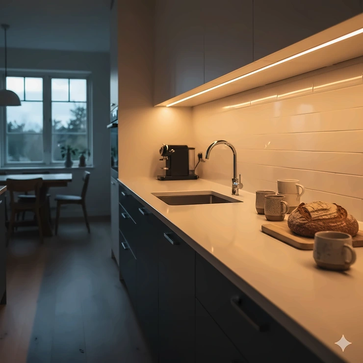 Warm wireless under cabinet LED lighting illuminating a modern kitchen countertop and backsplash.