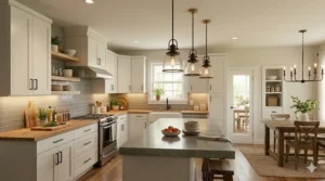 Adjustable black track lighting installed on a kitchen ceiling to highlight prep areas affordably.