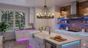 Illustration showing farmhouse kitchen lights changing from warm amber to cool white light.