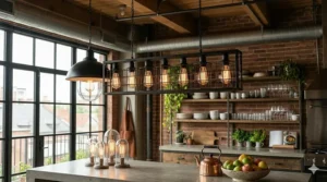 A long black metal linear chandelier providing task lighting in an industrial-themed kitchen.