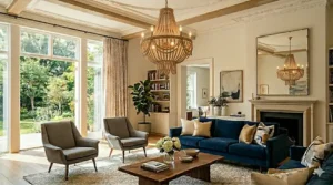 Natural beaded chandelier offering a relaxed, Bohemian vibe in a bright, airy living room.