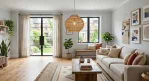 Natural woven rattan affordable living room chandeliers adding a bohemian touch to a neutral space.