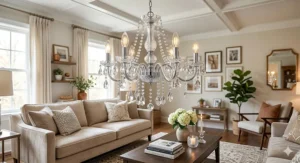 An elegant yet affordable living room chandelier with faux crystal droplets for a luxury look on a budget.