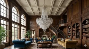 Dramatic cascading crystal chandelier as a focal point for grand high ceiling living room designs.