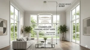 Illustration showing the correct hanging height for chandeliers in living rooms with 20-foot ceilings.