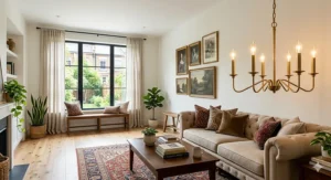 Traditional brass-finished affordable living room chandeliers with 5-light candle-style bulbs.