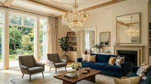 Traditional multi-tier crystal chandelier acting as a focal point in a formal living room setting.