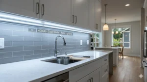 Task lighting under kitchen cabinets demonstrating a cool white color temperature for food preparation.