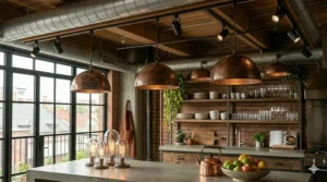 Close-up of hammered copper dome light fixtures adding warmth to an industrial kitchen design.
