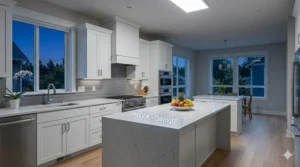 A high-contrast modern kitchen design utilizing 5000K daylight color temperature for maximum clarity.