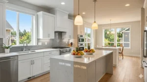A split-screen graphic showing a kitchen with adjustable color temperature lighting from morning to evening.