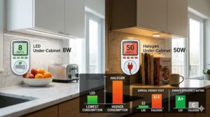An infographic chart comparing the lower wattage of LED under cabinet lights versus high-energy halogen bulbs.