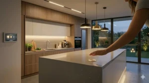 Close-up of energy-efficient LED bulbs used in a smart kitchen lighting system to reduce power consumption.