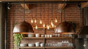 Minimalist bulb cord lights hanging against an exposed red brick wall in a modern industrial kitchen.