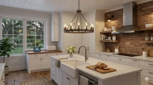 Large wooden wagon wheel chandelier with app-controlled LED vintage Edison bulbs.