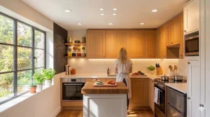 A stylish gold flush mount ceiling fixture providing overhead light for a kitchen with low ceilings.