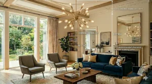 A luxury brushed gold chandelier complementing warm-toned decor in a modern living room.