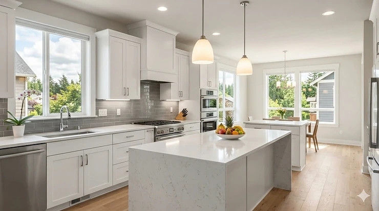 A modern kitchen interior showcasing the difference between warm and cool color temperature for kitchen lighting.