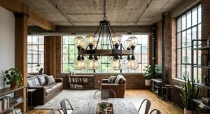 Matte black industrial-style affordable living room chandeliers featuring Edison bulbs.