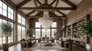Industrial black iron chandelier hanging in a rustic living room with vaulted high ceilings.