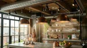 Illustration showing the ideal layout for ambient and task industrial kitchen lighting.