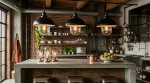 Three vintage Edison bulb pendant lights with wire cages over a wooden kitchen island.