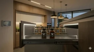 A DIY guide visual showing the installation of a flexible smart kitchen lighting strip along a kickplate.