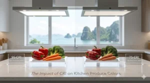 Illustration comparing how different color temperatures for kitchen lighting affect the appearance of fresh produce.