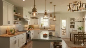 A side-by-side comparison of a kitchen remodel using affordable kitchen lighting fixtures to brighten the room.