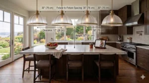 Technical drawing of a 10-foot kitchen island with four pendant lights spaced for optimal illumination.