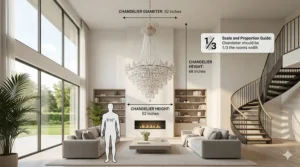 Diagram illustrating how to choose the right scale chandelier for a large high ceiling living area.