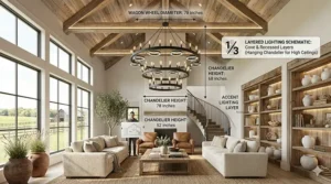 Illustration of layered lighting featuring a central chandelier and recessed lights for high ceiling spaces.