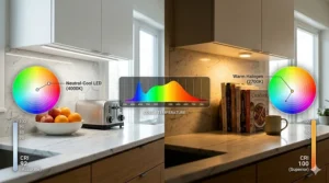Illustration showing how halogen and high-CRI LED lights affect the appearance of food and marble countertops.