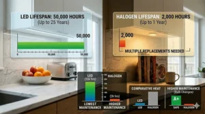 Graphic illustrating the 50,000-hour lifespan of LED under cabinet lighting vs the shorter 2,000-hour life of halogen bulbs.
