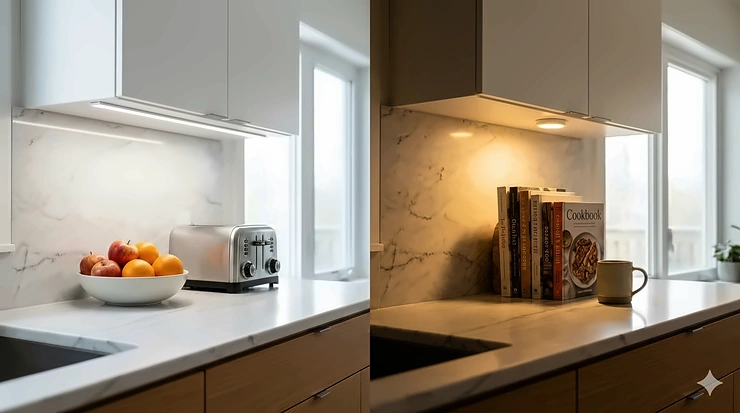 A side-by-side comparison of LED vs halogen under cabinet lights illuminating a modern kitchen backsplash, showing color temperature differences.