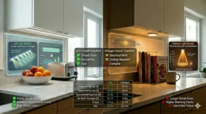 Top-down view illustration comparing the focused spot beam of halogen pucks to the even, linear glow of LED light bars.