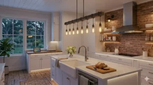 Linear wood and iron smart lighting fixture suspended over a farmhouse dining table.