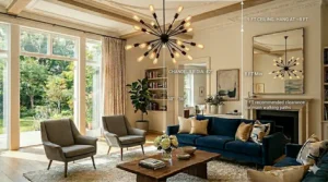 An illustration showing the ideal hanging height for chandeliers over a living room coffee table.