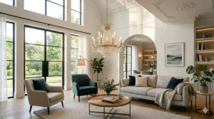 A graphic showing a central chandelier paired with recessed lights and floor lamps.