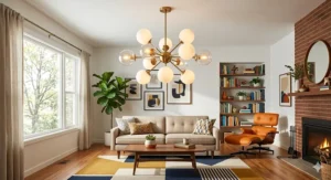 Mid-century modern sputnik-style affordable living room chandeliers in a bright, airy space.