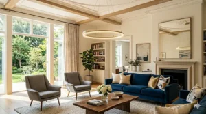 Sleek minimalist LED ring chandelier providing soft ambient lighting in a neutral-toned living room.