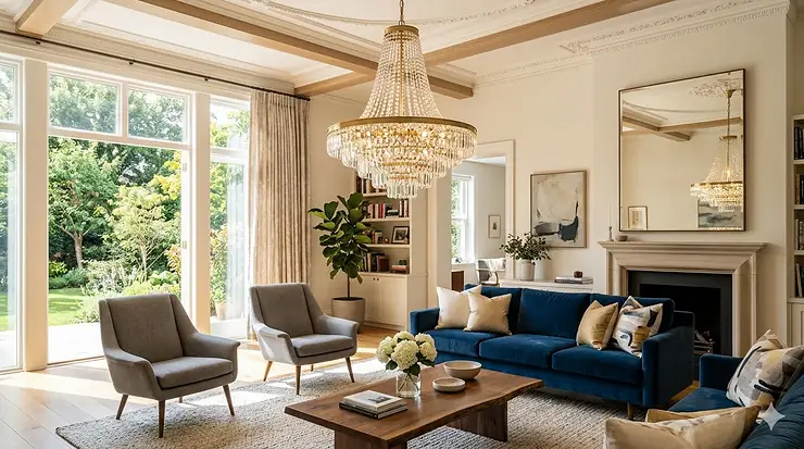 A grand modern crystal chandelier hanging in a spacious, sunlit living room with contemporary furniture. chandeliers for living room