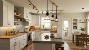 A low-profile matte gold flush mount ceiling light offering an affordable kitchen lighting solution for small spaces.